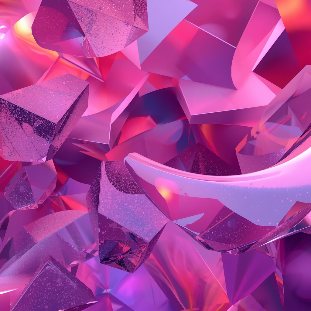 Abstract 3D geometric composition with vibrant Rose and Violet lighting and glass textures